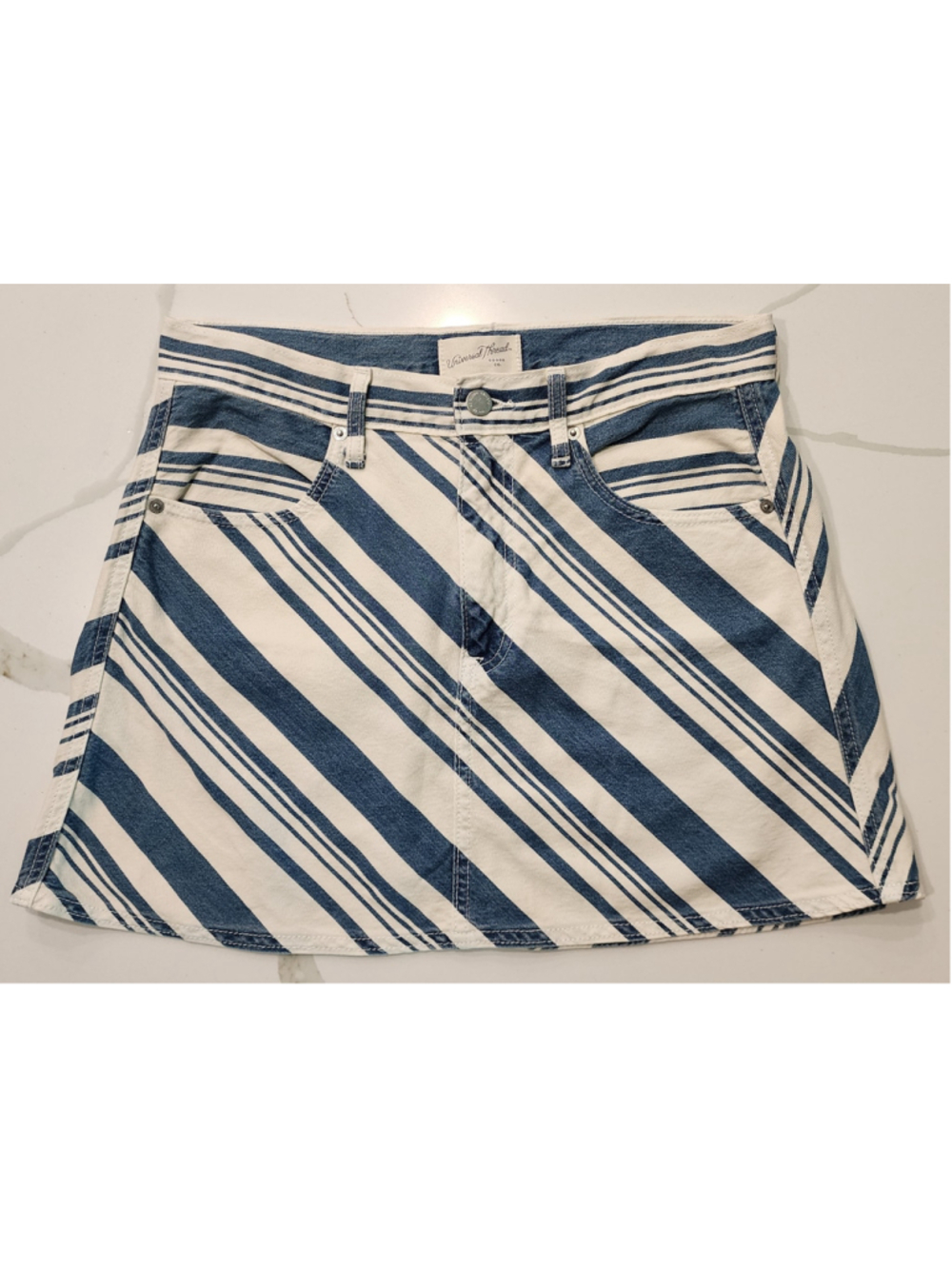 Universal Thread 8 Blue Ivory White Diagonal Stripe Denim Mini Skirt Cool Girl